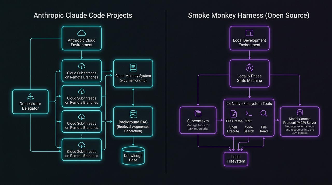 Claude Code Projects Cloud Architecture vs Smoke Monkey Harness Local Agentic OS